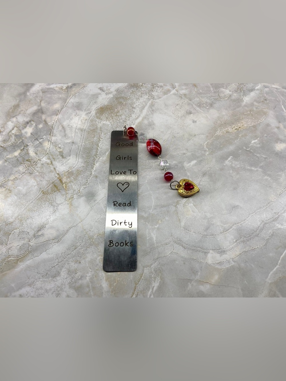 Hand Crafted Silver Bookmark with Red Beads and Gold Heart Charm